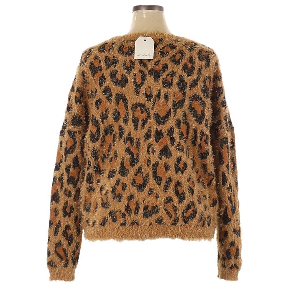 Wonderly Fuzzy Eyelash Knit Tan Leopard Print Pullover Sweater Size XL NWT - Picture 2 of 8